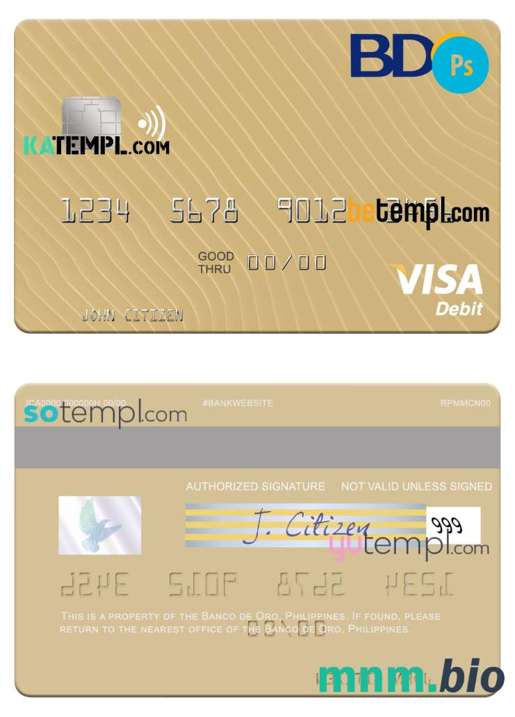 Philippines Banco de Oro visa debet karta, w pełni edytowalne template in PSD forma